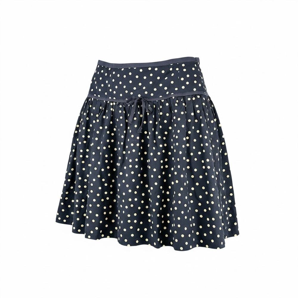 J.Crew Navy Blue and Cream Polkadot Midi Knee Length Skirt Pleated Bow 6